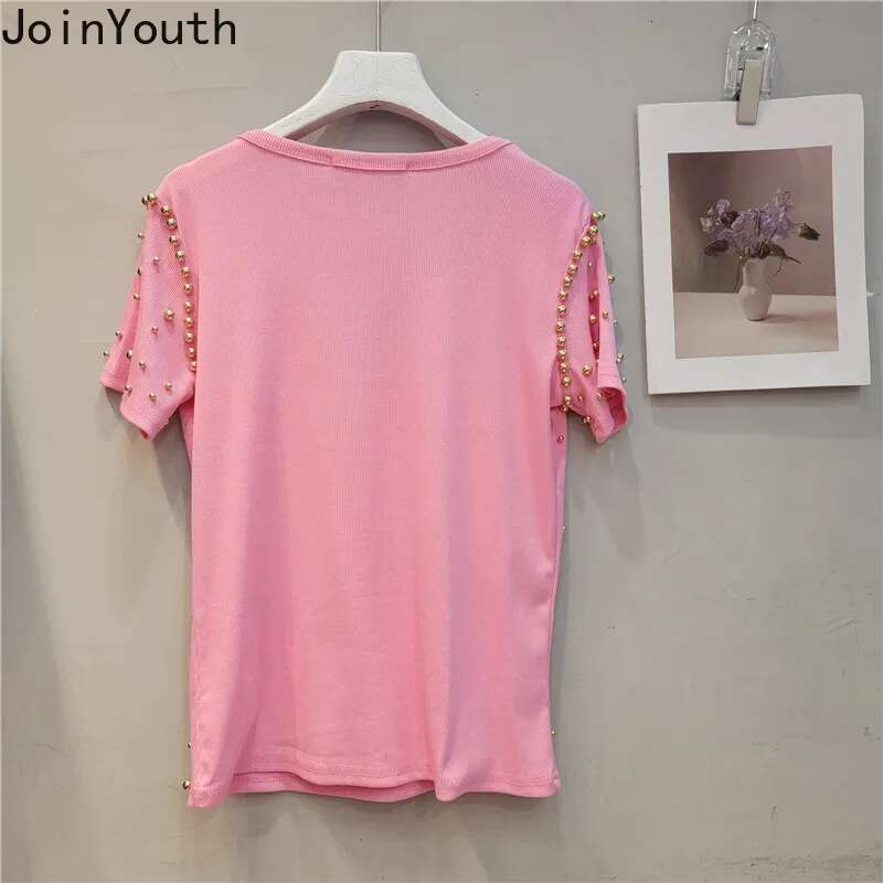 Fashion Heavy Beading T Shirts Women Diamond Casual Summer Tees 2025 Ropa Mmujer Y2k Tshirts O-neck Short Sleeve White T-shirt
