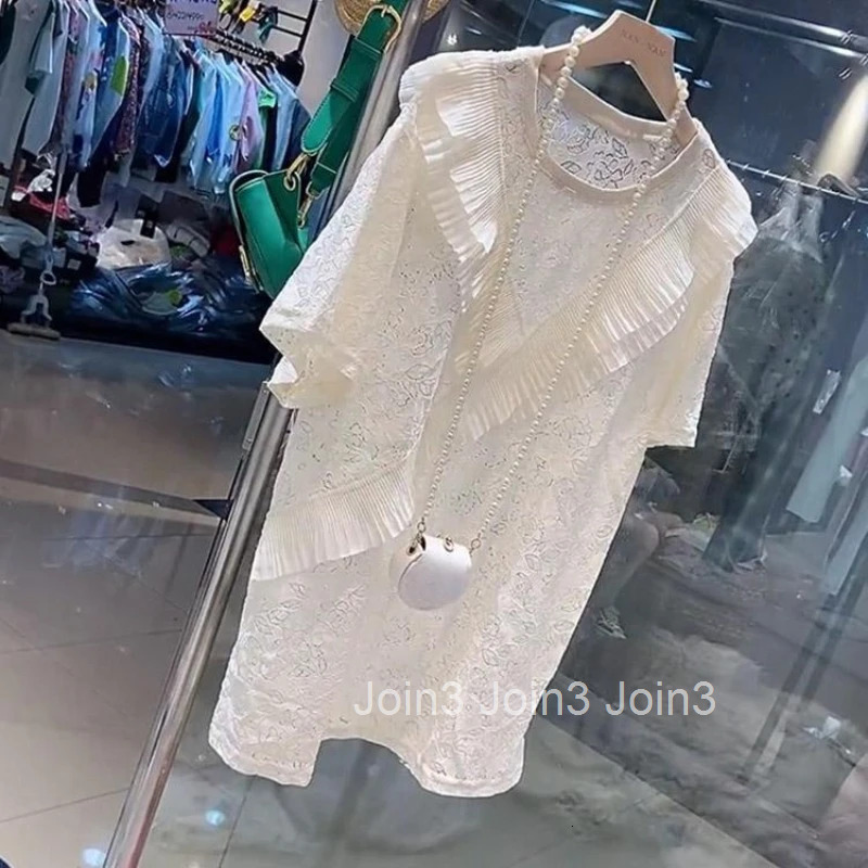 Oversized Tshirts for Women Patchwork Lace Summer Tees Fashion Casual Korean Tees Hollow Out Ruffles T-shirt 2025 Ropa Mujer