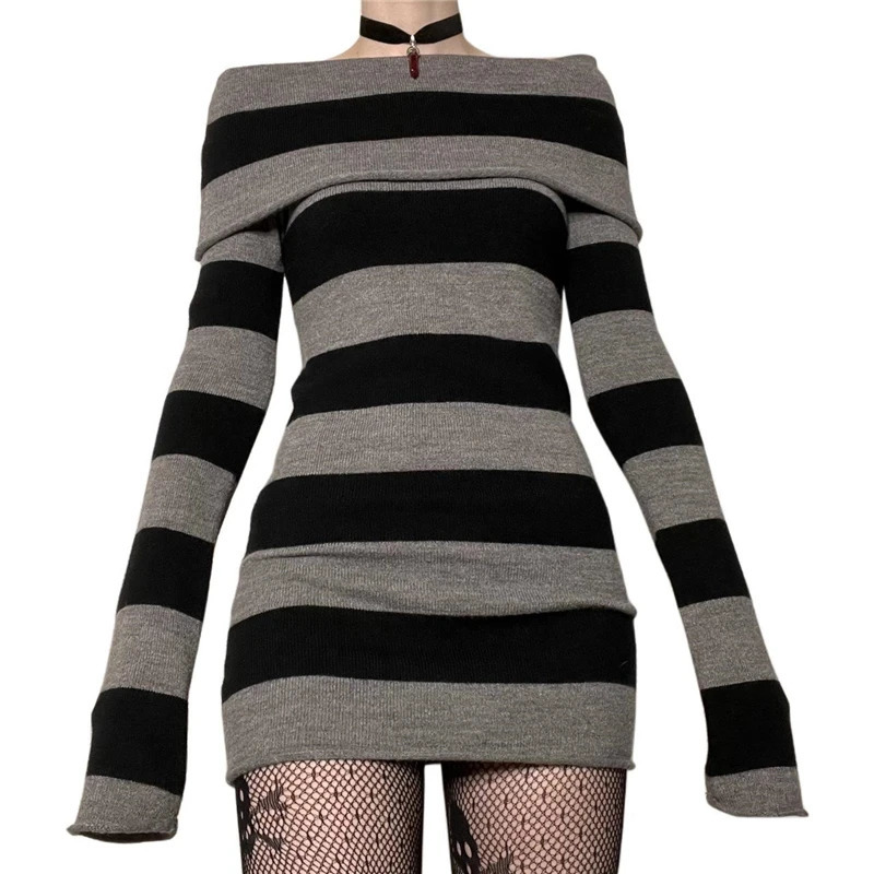 Lamuusaa Gothic Dres Punk Style Witchy Dark Academia Off Shoulder Long Sleeve Knitted Dress y2k Grunge Dresses Clubwear 250616