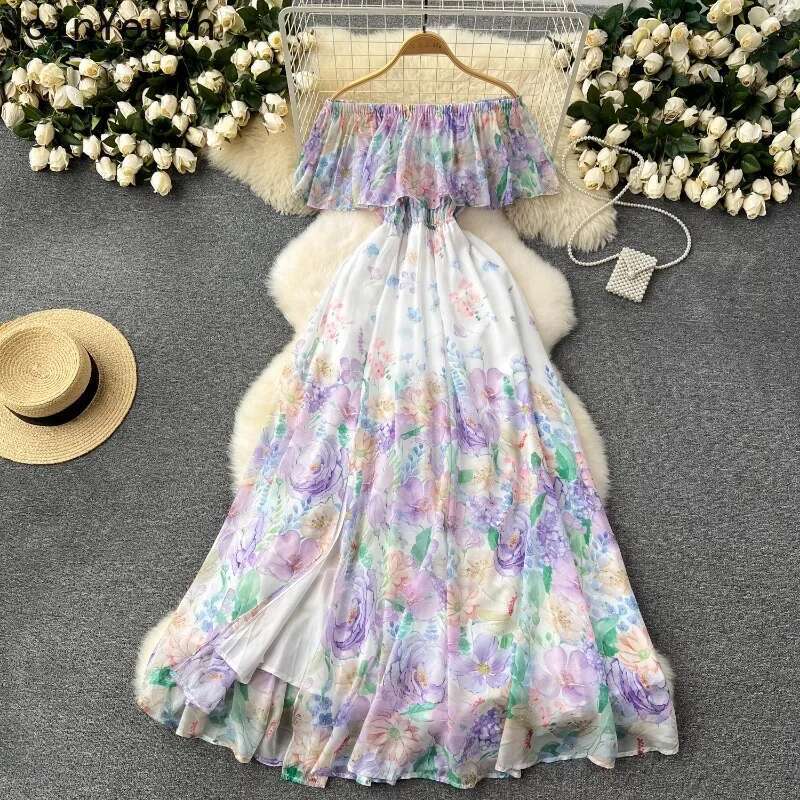 Chiffon Maxi Dresses Women Clothing Slash Neck Off Shoulder Floral Long Robe Femme 2025 Vestidos De Mujer Summer Beach Dress