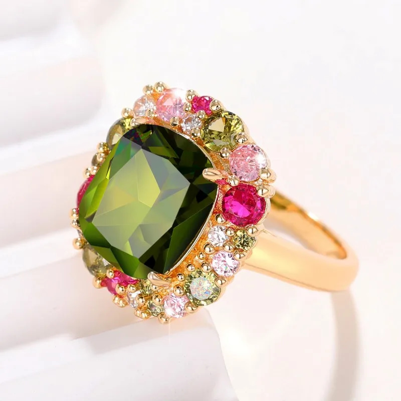 Huitan Gorgeous Green Cubic Zirconia Ladys Rings ly ned Colorful CZ Wedding Anniversary Party Fashion Jewelry for Women 250617