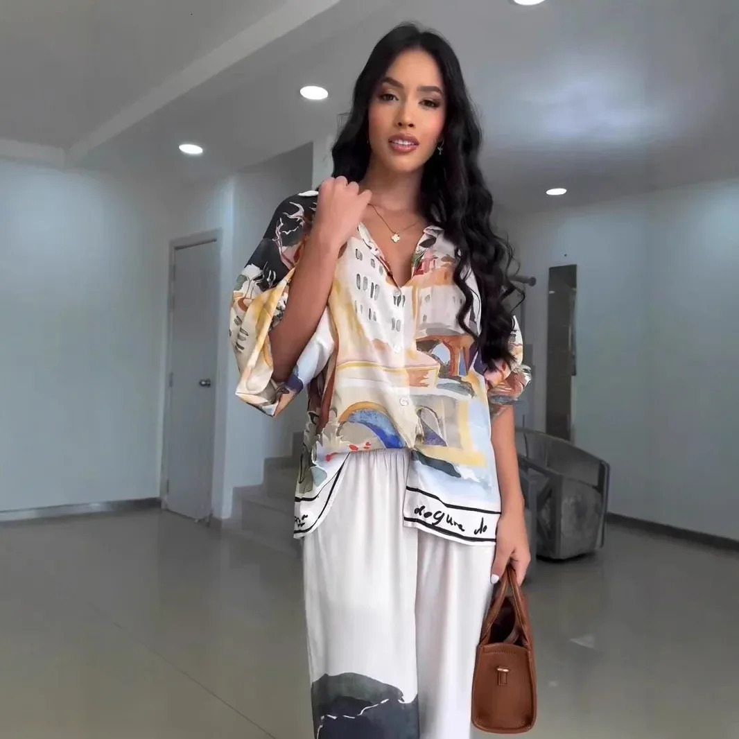 Fashionable Loose Lantern Sleeve Shirt Wide Leg Pants Two Piece Set Womens Clothing 2025 Printed Casual Outfit 250617