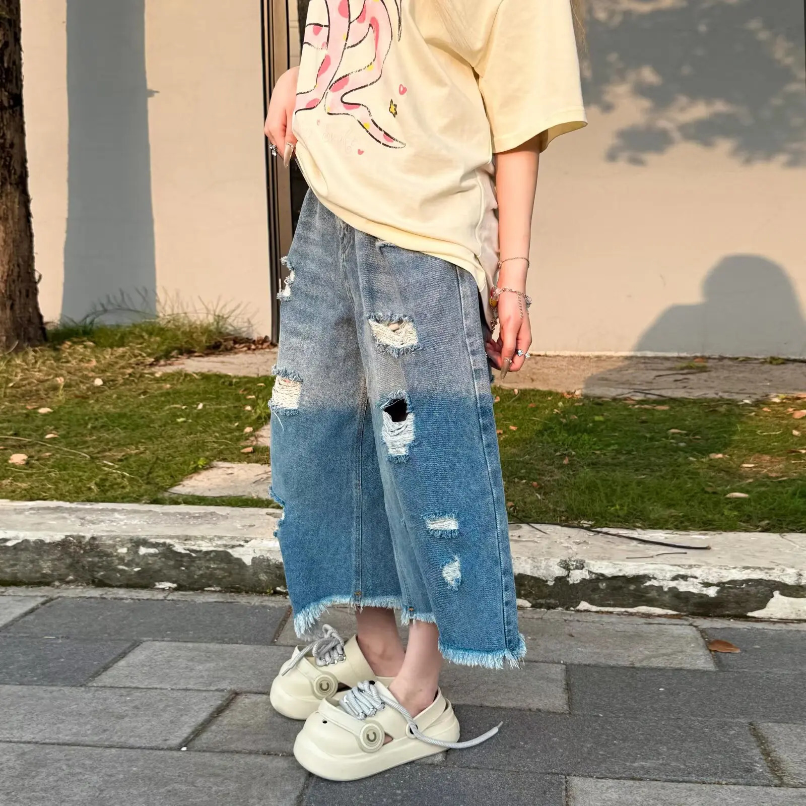 DM Vintage Ripped Denim Shorts Men Streetwear Harajuku Baggy Jeans Shorts Summer Casual Loose Shorts 250617