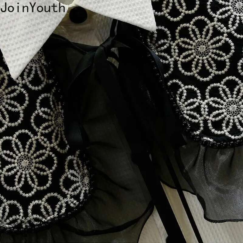 Long Sleeve Women Blouse Fashion Korean Shirts Outfits Two Piece Sets Loose Summer Blouses Ruffles Heavy Embroidery Shawl Suit