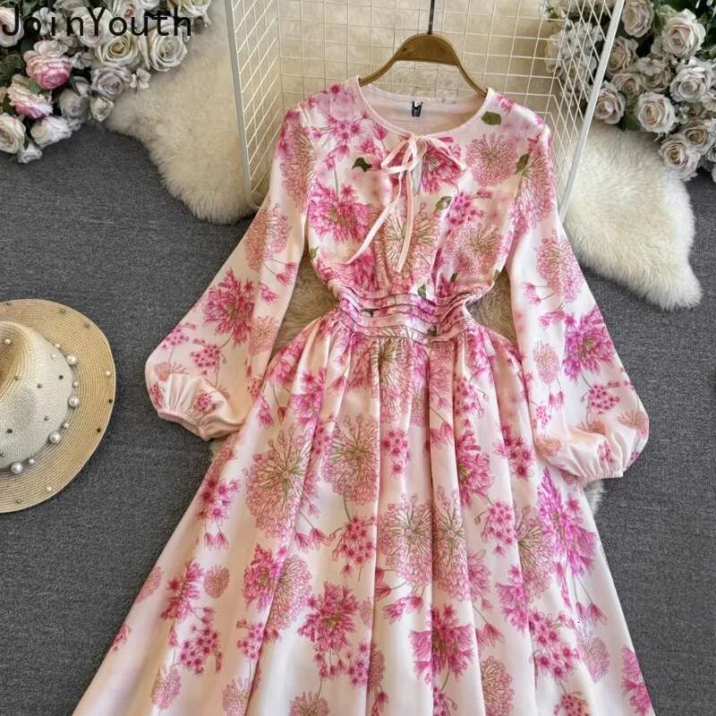 Elegant Women Dresses Slim Waist Long Sleeve O-neck Vintage Robe Femme 2025 Vestidos De Mujer A-line Big Swing Floral Maxi Dress