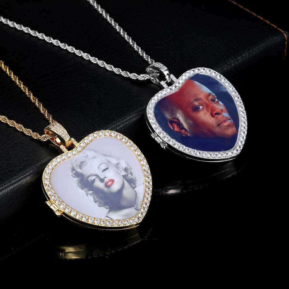 Hip Hop Hollow Flip Cover Heart Pendant Micro Paved Zircon Personality Photo Necklace 1405