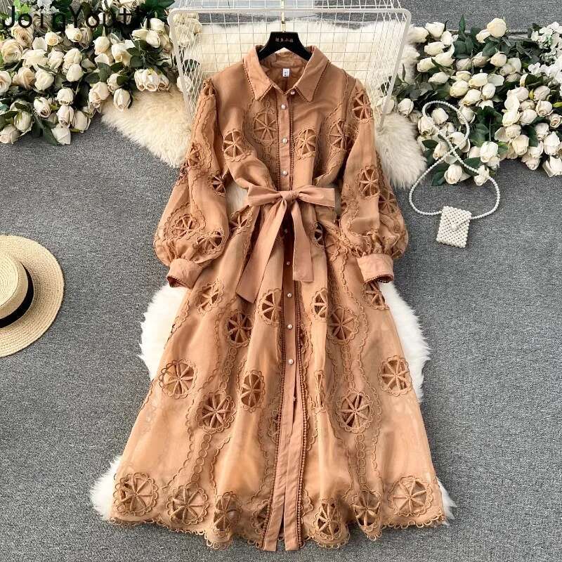 Maxi Dresses for Women Vintage Heavy Embroidery Robe Femme Single Breasted Bandage A-line Hollow Out Dress Vestidos De Mujer
