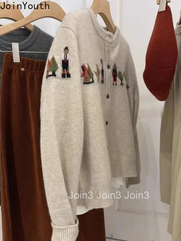 Pull Femme Cartoon Embroidery Knit Women Cardigan Jackets 2025 Ropa Mujer Fashion Vintage Sueter Mujer Oversized Sweater Tops