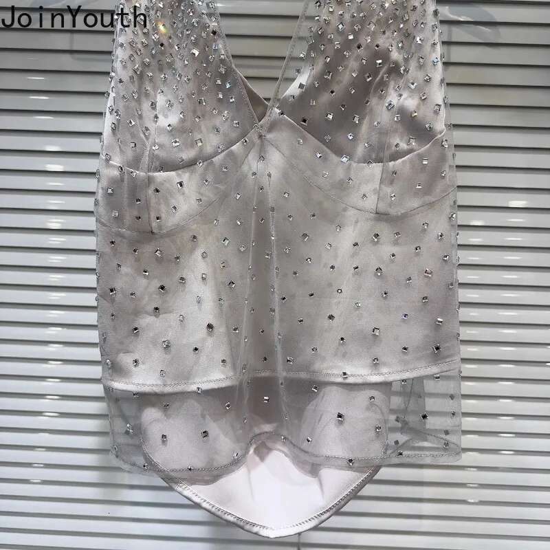 Harajuku Tanks Crop Top Womens Clothing Sexy Korean Tees Backless Gauze Diamond Camis 2025 Ropa Mujer Chic Summer Y2k Vest