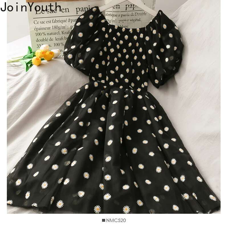 Joinyouth Sweet Dress for Women 2025 Summer Robe Korean Fashion Pleated Dresses Slash Neck Puff Sleeve Print Gauze Dresses 7b994