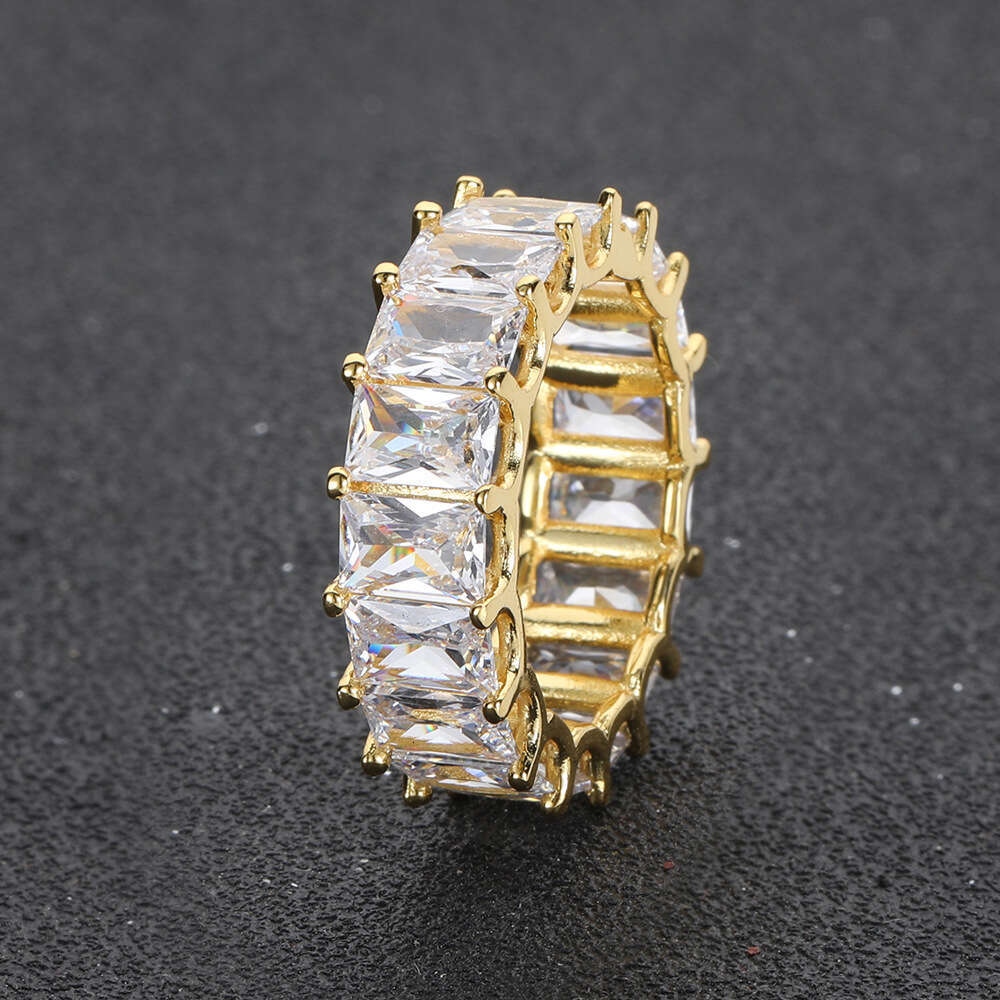 New 7mm Single Row Rectangular Zircon Real Gold Plated Trendy Hip-Hop Men's Ring 6543