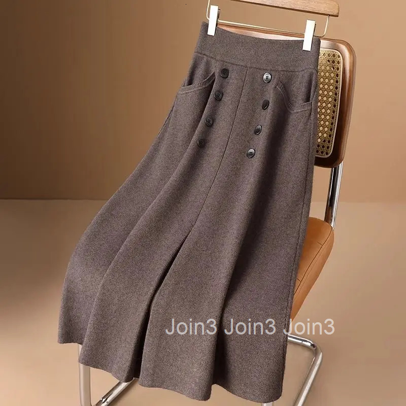Vintage Women Skirt High Waist A-line Jupe Double-breasted Pockets Big Swing Saia Chic Knitted Skirts 2025 Faldas Mujer De Moda