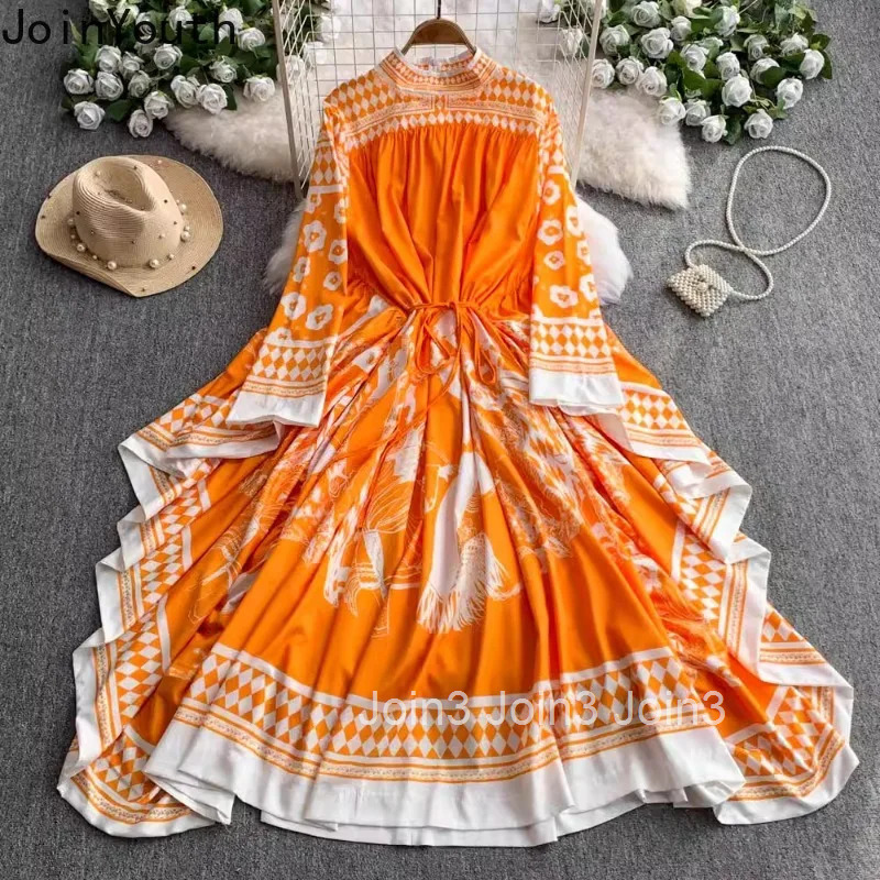 2025 Vestidos De Mujer Maxi Dresses for Womens Stand Neck Floral Print Elegant Summer Dress Loose Vintage Korean Robe Femme
