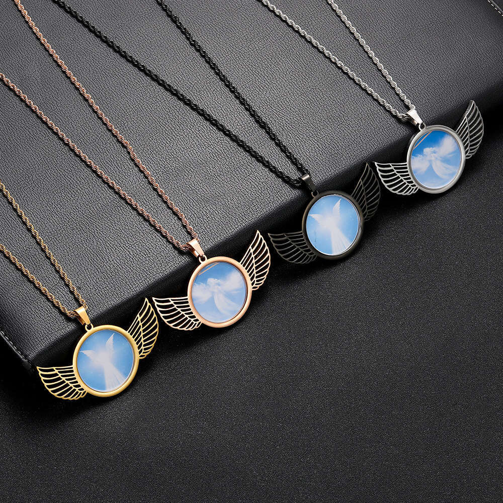 Hip Hop Stainless Steel Photo Pendant DIY Creative Wings Round Frame Men's Necklace Jewelry e310