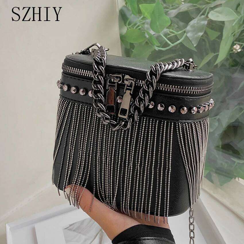 Designer Cylinder Bag Ladies Fashion Rivet Shoulder Bags Fringed Small Mobile Phone Crossbody Purse Summer Chain Borse