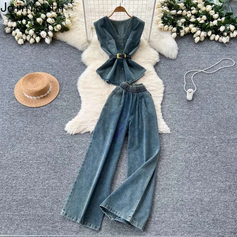 Chic Women Clothing Denim 2 Piece Sets V-neck Sleeveless Vest Tops Straight High Waist Wide Leg Pants Suit Casual Summer Outfits