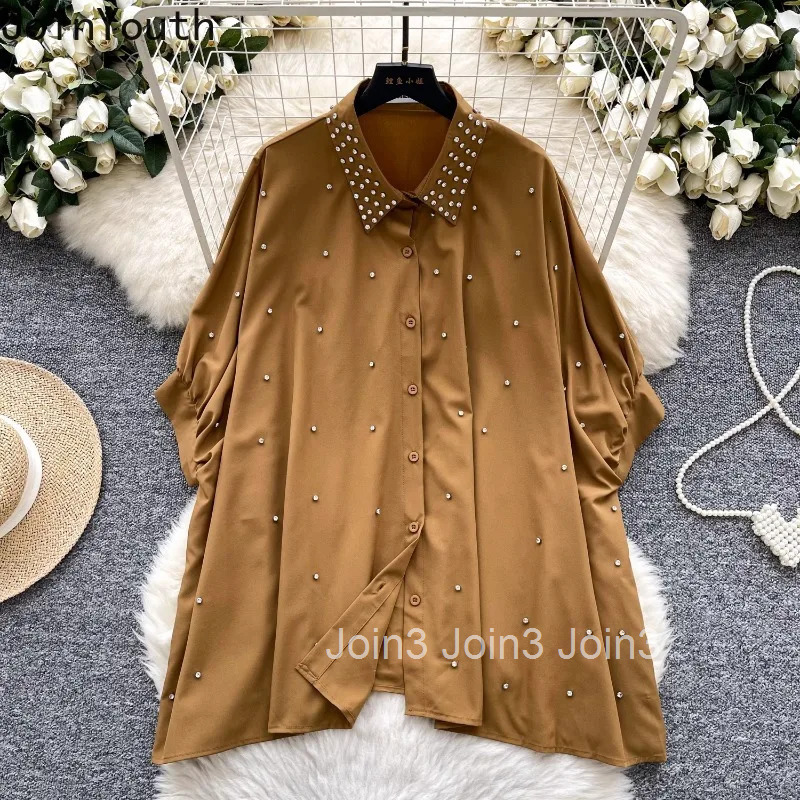 Loose Blouses Womens Clothing Short Sleeve Heavy Diamond Shirts 2025 Blusas Mujer De Moda Vintage Summer Korean Blouse Tops