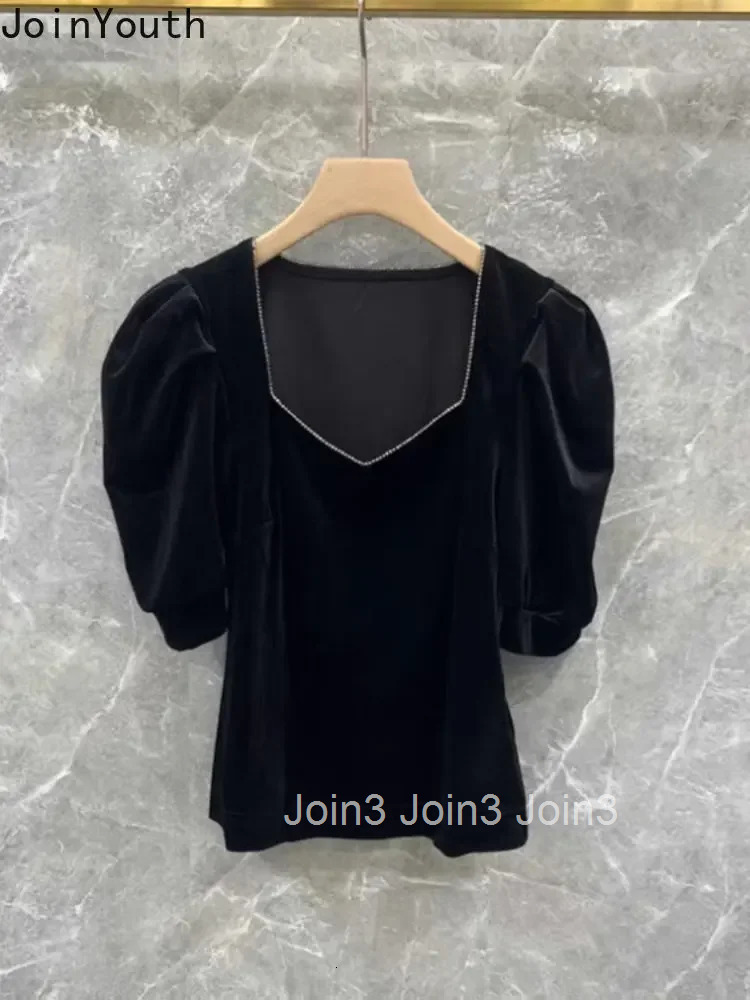 Blusas De Mujer 2025 Temperament Women Crop Tops Square Collar Puff Sleeve Velvet Shirts Diamond Black Tunic Summer Blouses