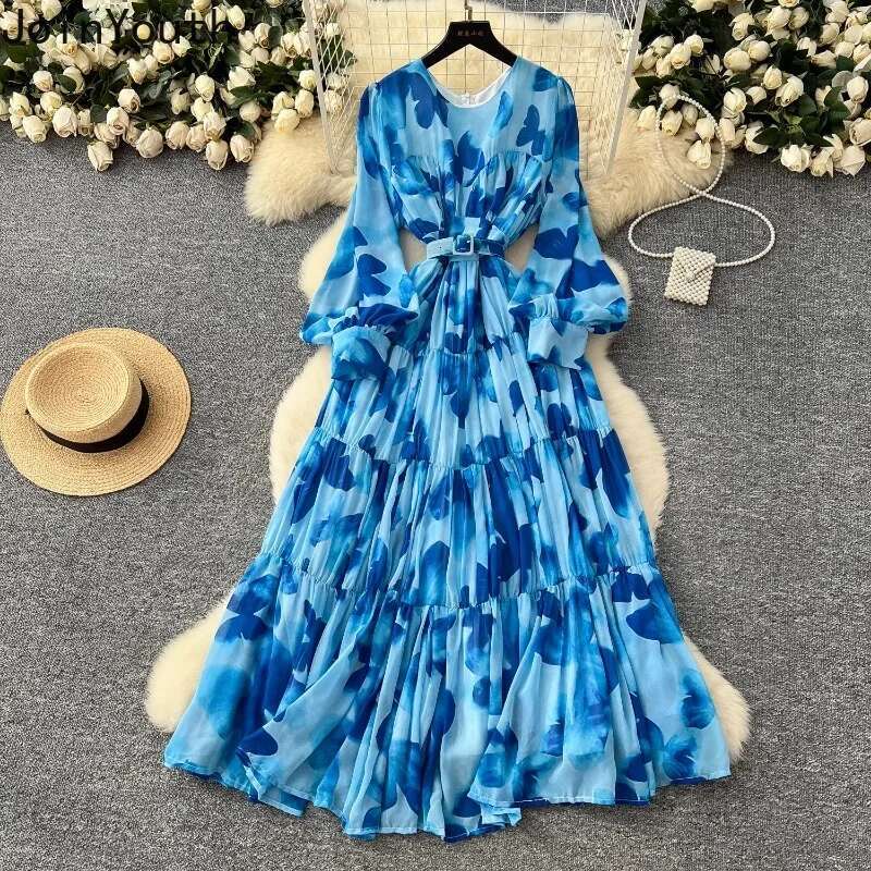Maxi Dress Women Summer Temperament Floral Robe Femme 2025 Vestidos De Mujer Bandage Slim Waist Floral Big Swing Chiffon Dresses