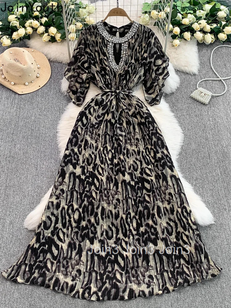 2025 Vestidos De Mujer Sexy Leopard Print Elegant Dress for Women Slim Waist Pleated Robe Femme Diamond O-neck Summer Dresses