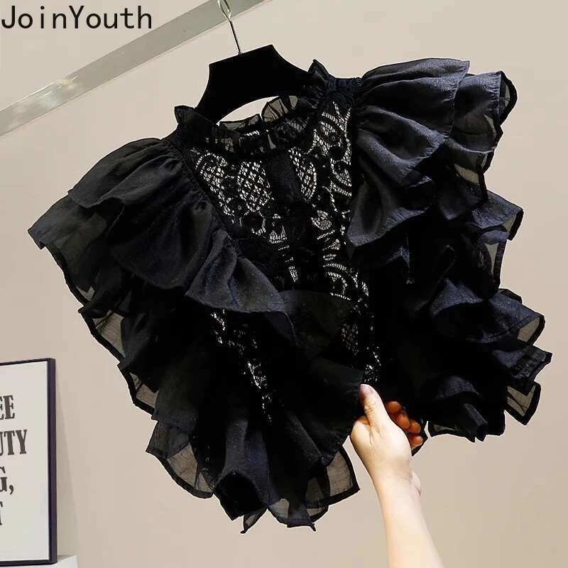 2025 Blusas Mujer De Moda Summer Blouse Women Stand Neck Flying Sleeve Lace Shirts Crop Tops Hollow Out Ruffles Sexy Blouses