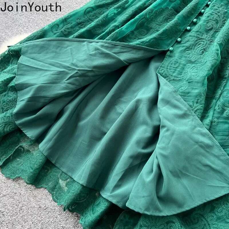 Stand Neck Single Breasted Dress Women Clothing Lantern Sleeve Lace Gauze Maxi Dresses Heavy Embroidery Temperament Robe Femme