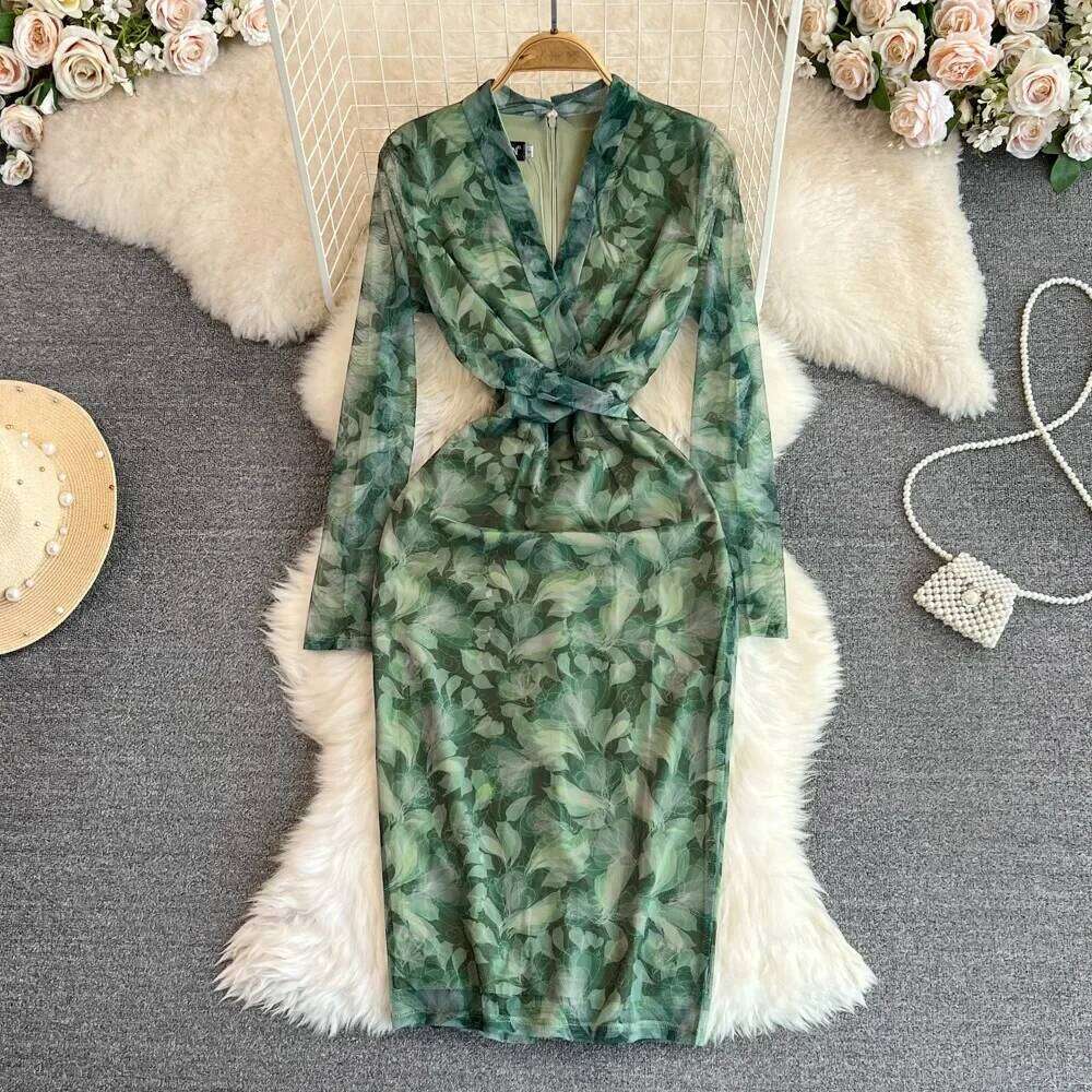 Chic Elegant Floral Print Mesh Criss-Cross Sexy French Vestidos Long Sleeve High Waist Women Spring Autumn Pencil Dress