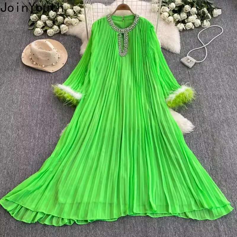 Korean Chic Woman Maxi Dresses Diamond O-neck Feather Loose Flare Sleeve Robe Femme Vintage Pleated Dress 2025 Vestidos De Mujer