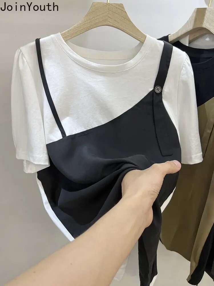 Women Clothes Oversized Woman Tshirts Patchwork Contrast Color Fake Two Tees 2025 Ropa Mujer Casual Fashion Vintage T-shirts