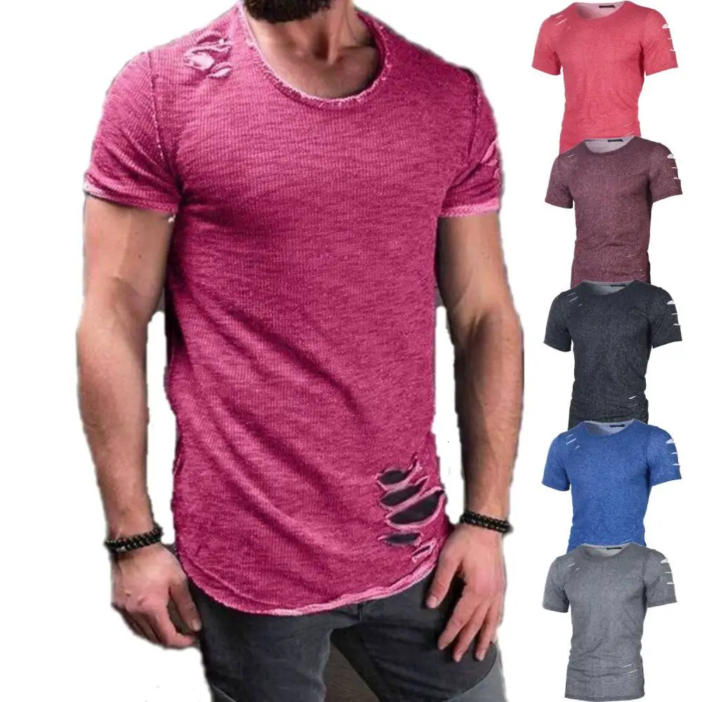 Trendy T-Shirt O-Neck Ripped Hole Distressed Short Sleeve Mens Tshirts Youth Hip Hop Streetwear Casual Tops Tees Camisetas 250616