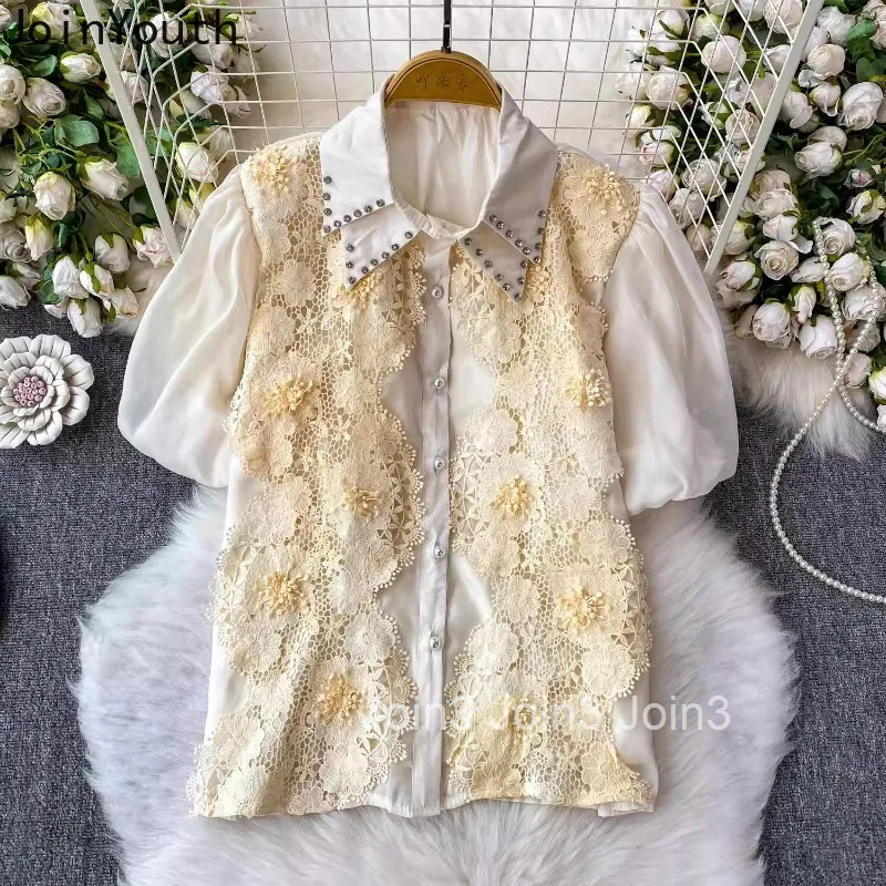 Vintage Womens Shirts 2025 Blusas Mujer De Moda Diamond Puff Sleeve Summer Tops Lace Hollow Out Loose Floral Blouses Female