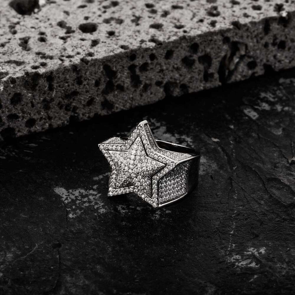 Non-Fading Niche Full Diamond Pentagram Color-Retaining Men's Hip-Hop Ring Simple Trendy Accessory