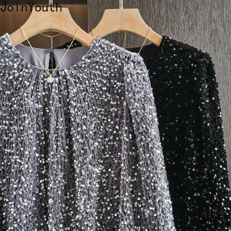 O-neck Long Sleeve Blouse for Women Fashion Heavy Sequined Y2k Tops 2025 Blusas Mujer De Moda Temperament Loose Korean Shirts