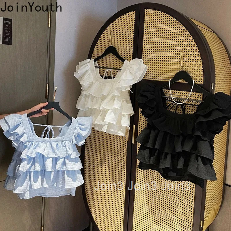 Sweet Crop Tops Summer Chiffon Blouses 2025 Womens Clothing Flying Sleeve Ruffles Fashion Loose Blouse Shirts Camisas De Mujer