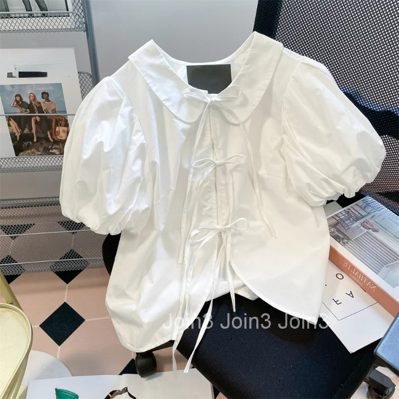 Sweet Blouse Women Bandage Turndown Collar Puff Sleeve White Shirts 2025 Blusas Mujer De Moda Summer Fashion Cute Korean Tops