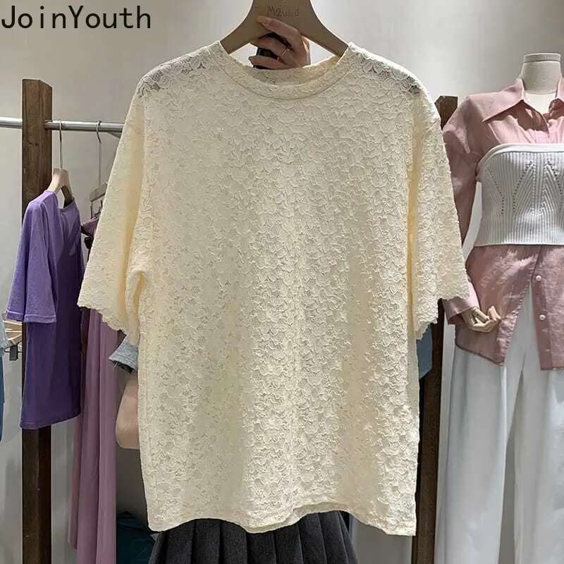 Summer Woman Tshirts 2025 Ropa Mujer Fashion Lace Hollow Out T Shirts O-neck Short Sleeve Tees Oversized Tops White T-shirt