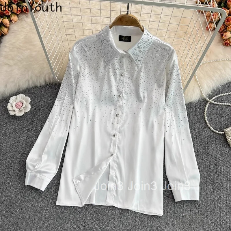 Camisas De Mujer White Blouses for Women Fashion Diamond Single Breasted Loose Tops Vintage Korean Temperament Blouse Shirts
