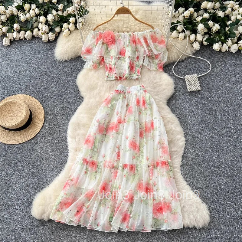 Sweet Two Piece Sets 2025 Women Clothing Slash Neck Puff Sleeve Crop Tops High Waist Big Swing Skirt Outfits Summer Print Suit