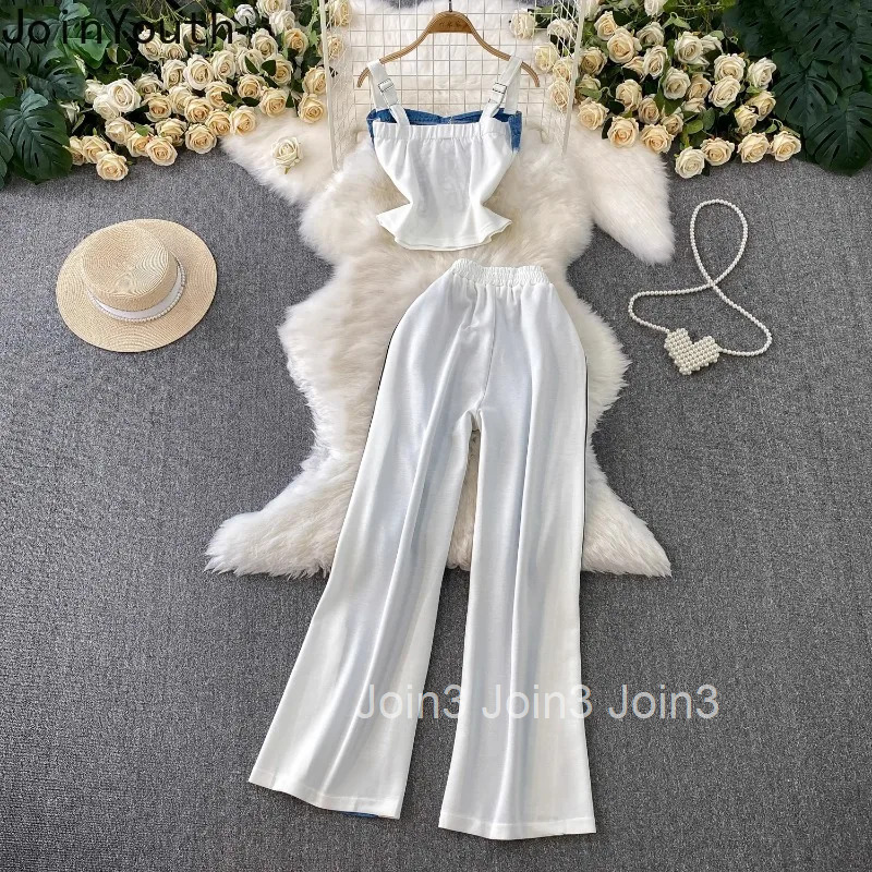 Y2k Clothing Two Piece Sets Women Pants Suit Patchwork Denim Embroidery Vest High Waist Wide Leg Pants Outfits Sexy Summer Set