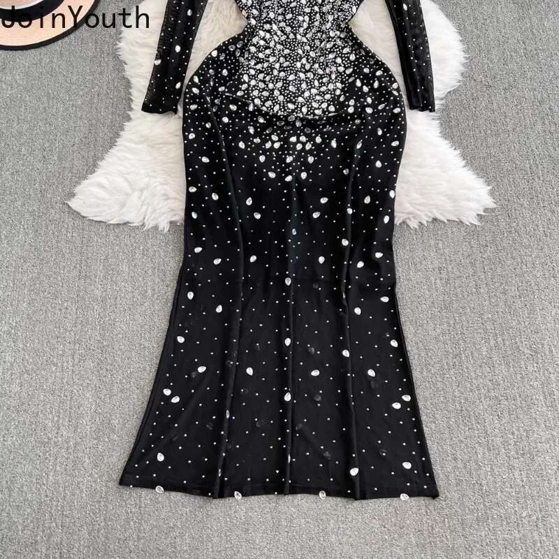 Party Dress Women 2025 Vestidos De Mujer O-neck Long Sleeve Hollow Out Temperament Sexy Robe Femme Bodycon Diamond Maxi Dresses