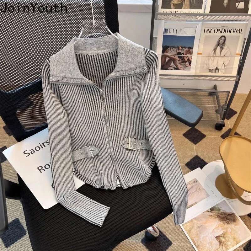 Fashion Cropped Cardigan Jackets Women Y2k Tops Pull Femme Long Sleeve Slim Fit Zipper Sueter Mujer Casual Knitted Sweater Coat