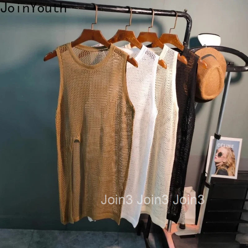 2025 Women Clothes Solid Color Woman Dress O-neck Sleeveless Split Robe Femme Loose Hollow Out Knit Dresses Summer Vestido Femme
