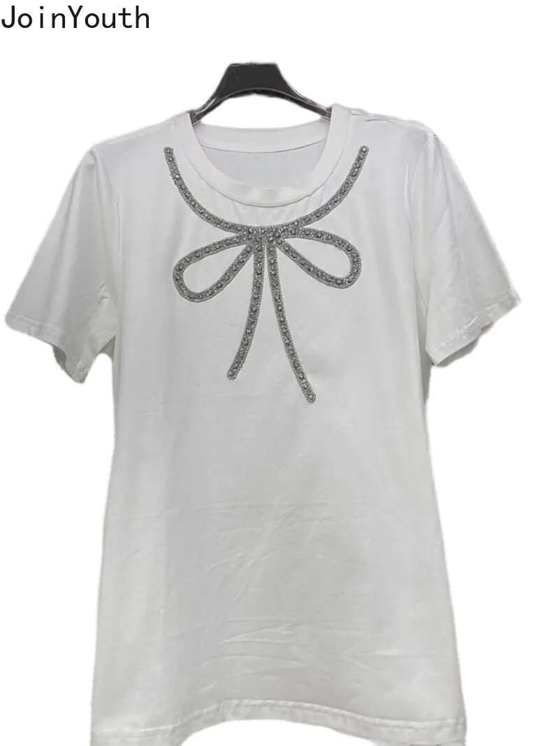 Chic T Shirts for Women White Summer Tees Casual Fashion Tshirts Diamond Bow Sweet Tshirt Tops 2025 Ropa Mujer Korean Camisetas