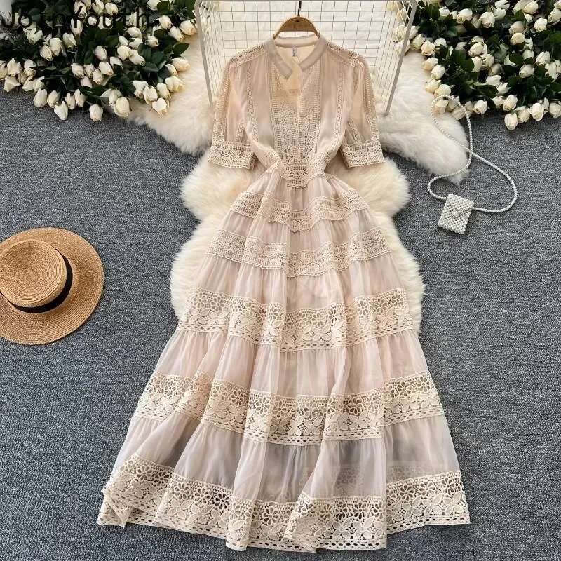 Summer Dresses for Women Slim Waist Short Sleeve Vintage Robe Femme Patchwork Lace Hollow Out Maxi Dress 2025 Vestidos De Mujer