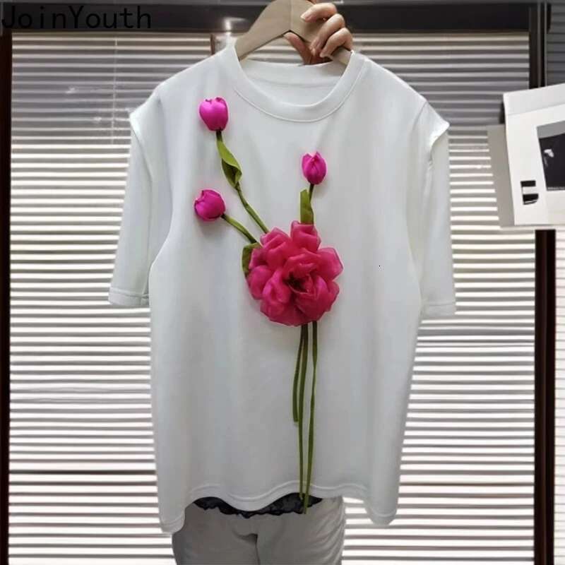 Chic 3D Floral T Shirts for Women 2025 Ropa Mujer Short Sleeve O-neck Camisetas Summer Tees Casual Sweet Loose White T-shirt