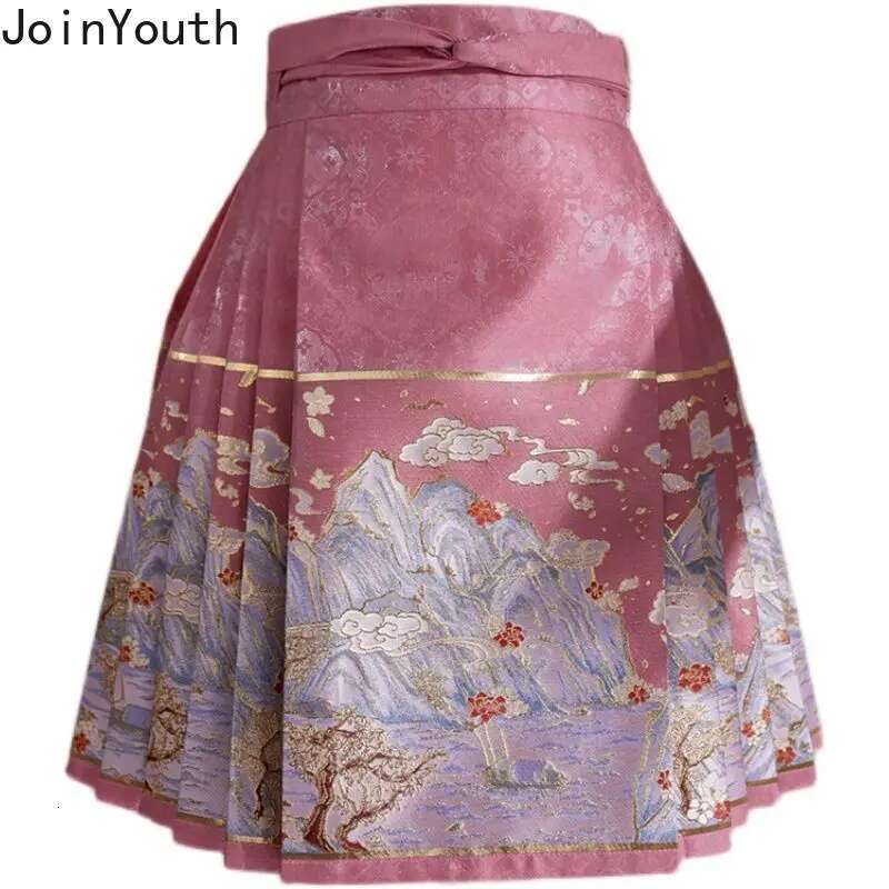 2025 Faldas Mujer De Moda Vintage Skirts Women Chinese Style High Waist Tunic Jupe Embroidery Summer Saia Pleated Floral Skirt