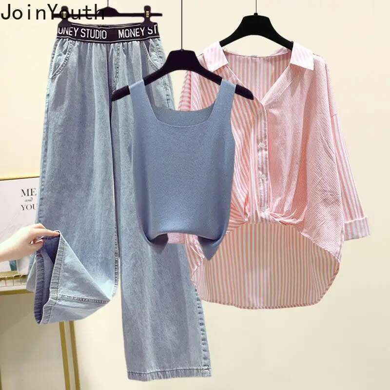 Oversized Clothes Fashion 3 Piece Sets Women Striped Blouses Knit Vest High Waist Striped Wide Leg Pants Outfitd Casual Set