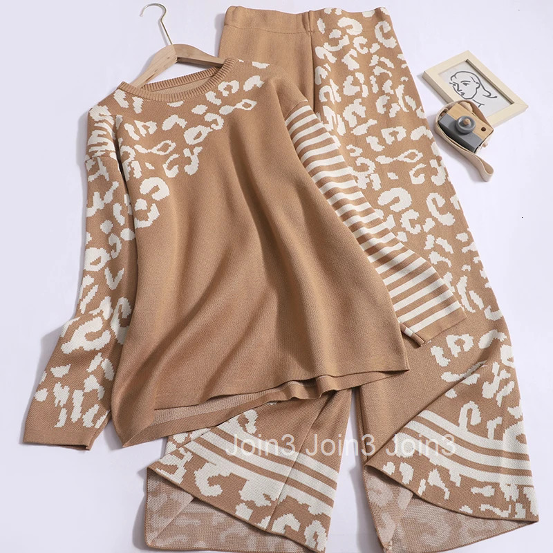 Pants Outfits Knitted Two Piece Sets Long Sleeve Oversized Pullovers High Waist Wide Leg Pants Suit Casual Fashion Leopard Set