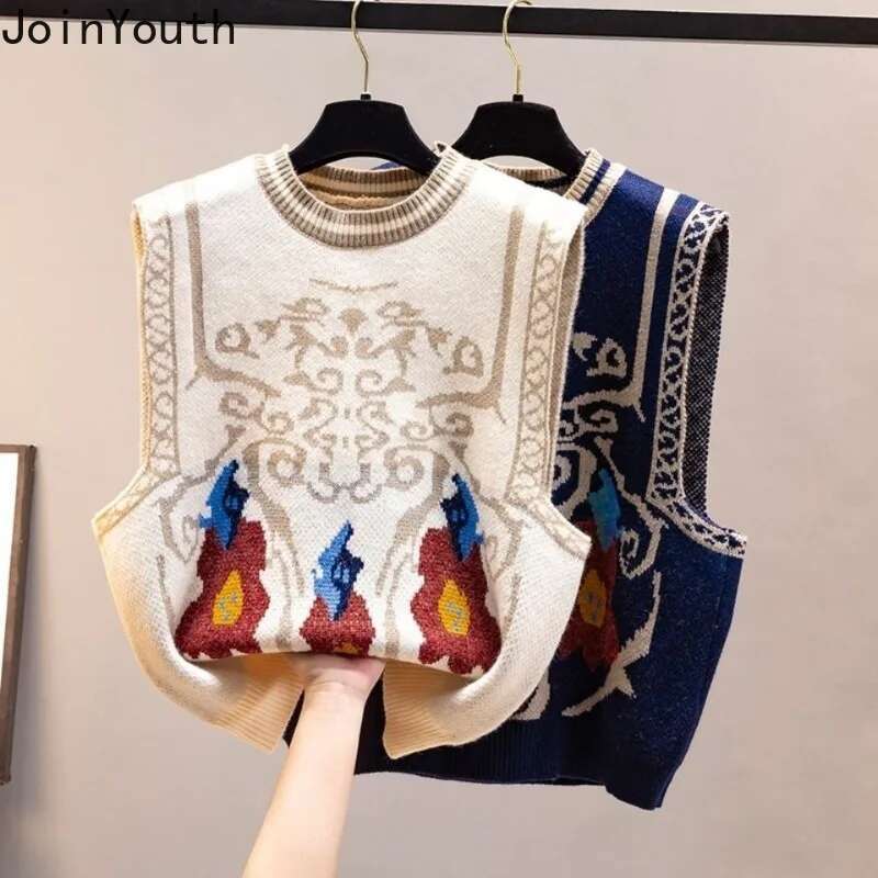 Vintage Sweater Vest Women O-neck Sleeve Vintage Knitted Tanks 2025 Ropa Mujer Crop Tops Casual Jumper Korean Fashion Waistcoat