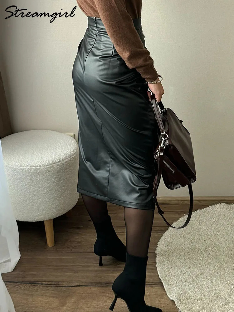 Women Midi Leather Skirt Sexy Split High Waist Zipper PU Front Slit Skirts Ladies Black Faux Leather Folded Skirt For Women 250619